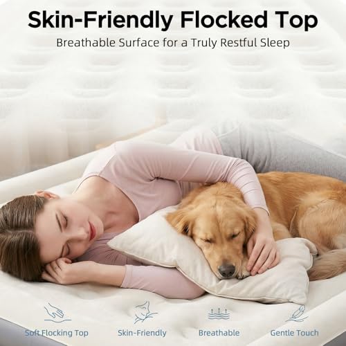 Queen Air Mattress with Built-in Pump 18in, Fabric-Laminated | Anti-Leak Honeycomb Design, 3-Layer Fabric-Laminated Side Walls, 800 LBS Capacity, 3-Min Inflation for Home Guests Camping